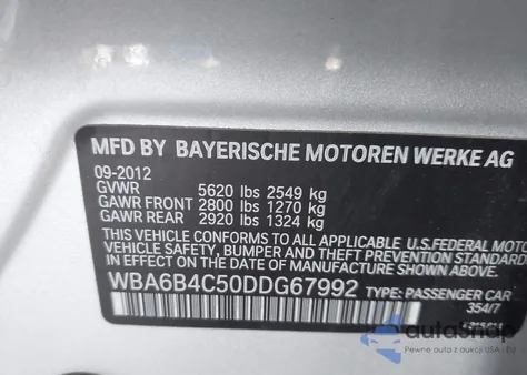 2013 BMW 650I Gran Coupe xDrive z USA, uszkodzony, nr VIN WBA6B4C50DDG67992